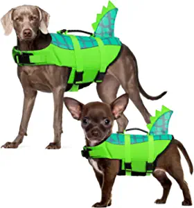 Pet Life Jackets: Durable Dog Life Jacket, Adjustable Ripstop Pet Safety Vest, Dog Lifesaver with Rescue Handle for Small Medium or Larger Dog, Eliminate Anxiety/Tension, Enhanced Buoyancy, Swimming, Green Dinosaur XS by Store SiSiPet Store