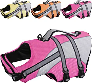 Pet Life Jackets: Kuoser High Visibility Dog Life Jacket, Pet Lifesaver Vest Dog Swimsuit for Small Medium Large Dogs, Adjustable Dog Floatation Coat Safety Preserver with Reflective Strips & Rescue Handle by Store Kuoser Store